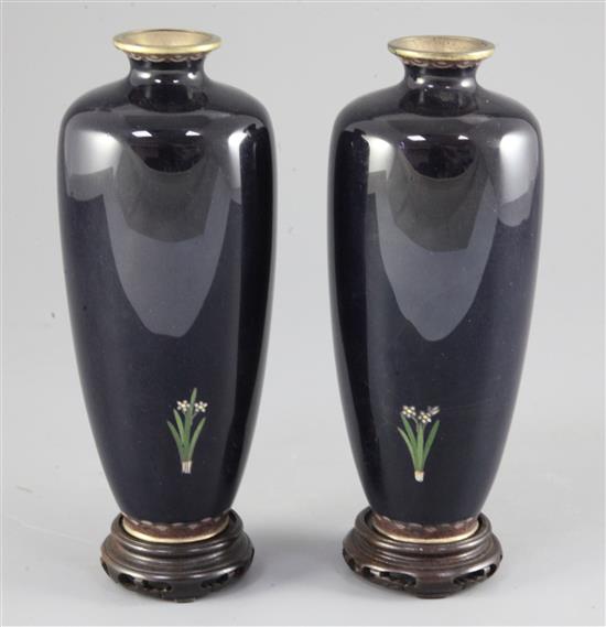 A pair of Japanese silver wire cloisonne enamel ovoid vases, Meiji period, 17.5cm, wood stands, fine cracks to one vase